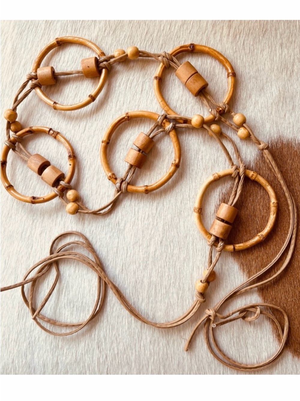 Vintage Rattan Circle Belt with Wood beads & Leather Straps total length is 62”